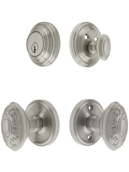 Grandeur Georgetown Entry Door Set, Keyed Alike with Grande Victorian Knobs in Satin Nickel.